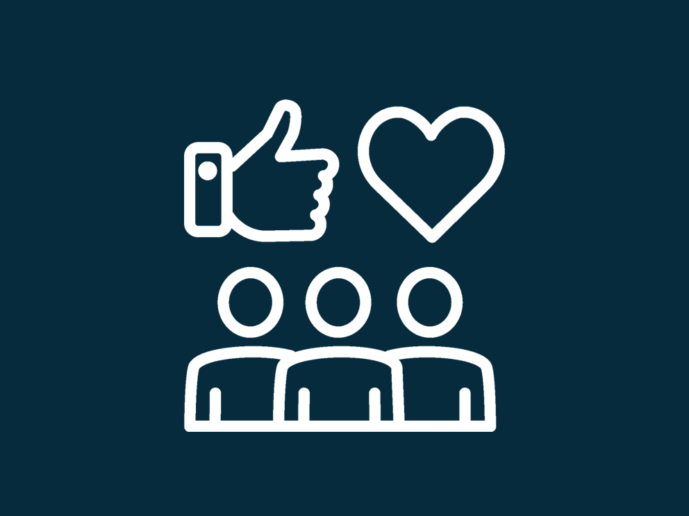 A white thumbs up icon, love heart icon and three figures icon on dark blue background