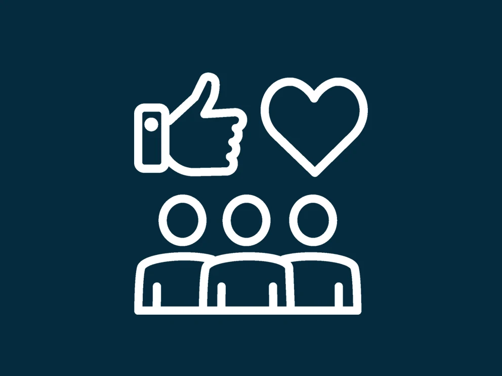A white thumbs up icon, love heart icon and three figures icon on dark blue background