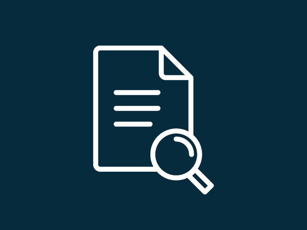 A white document icon with magnifying glass on dark blue background