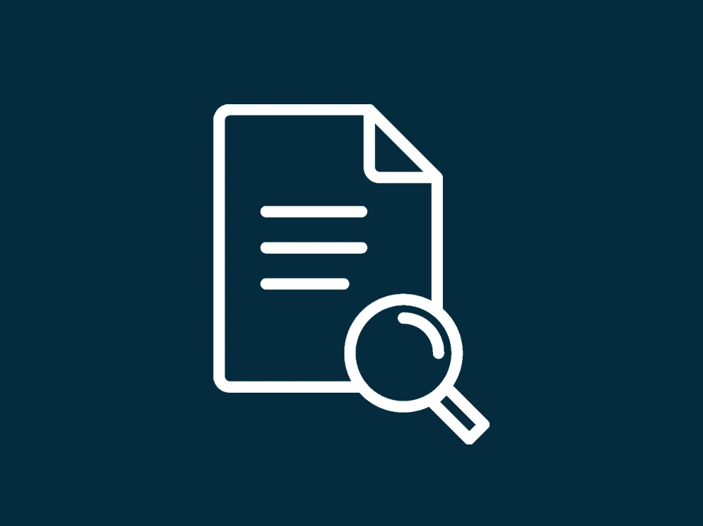 A white document icon with magnifying glass on dark blue background