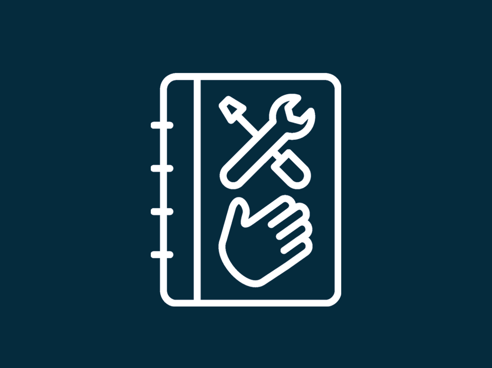 A white notebook icon with a hand and spanner and screwdriver on dark blue background