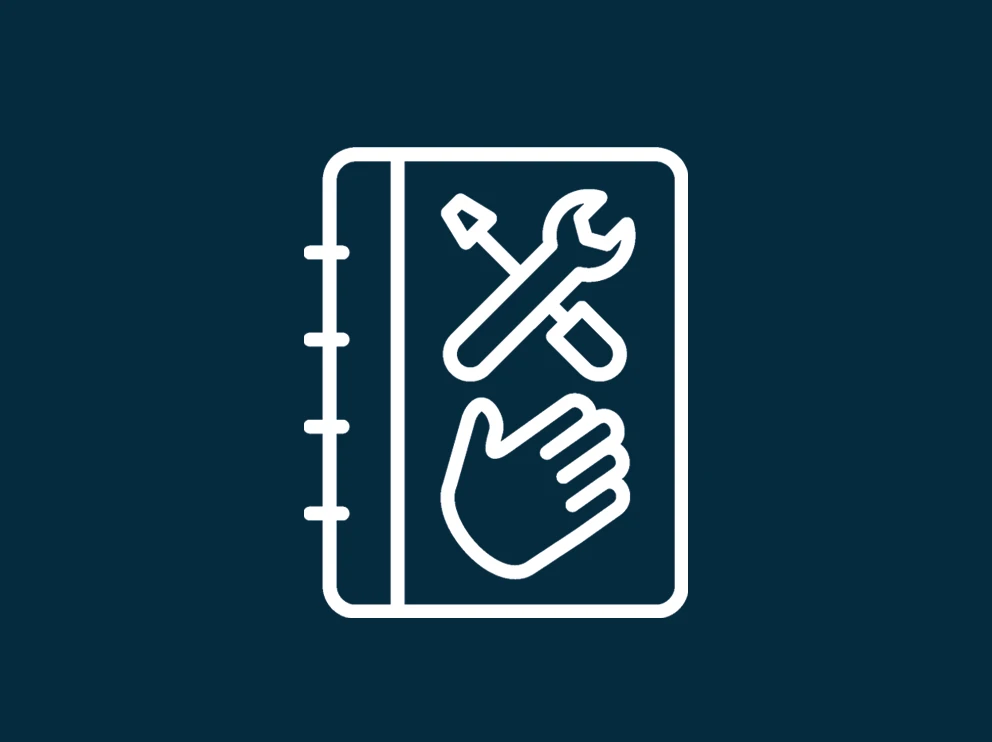 A white notebook icon with a hand and spanner and screwdriver on dark blue background
