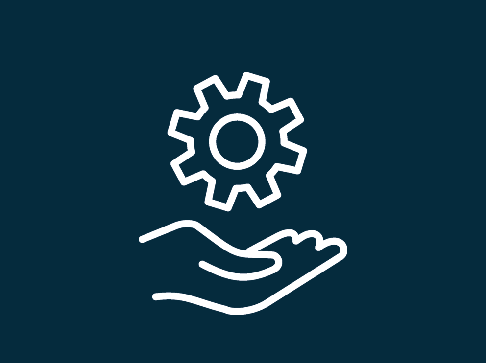 A white hand icon holding a cog on a dark blue background
