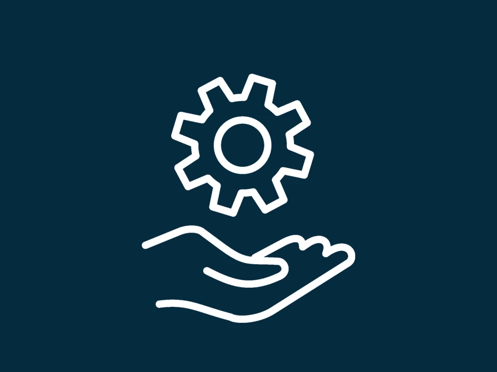 A white hand icon holding a cog on a dark blue background