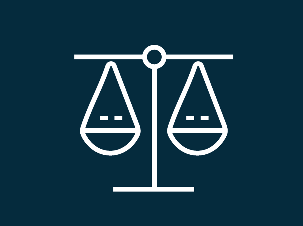 A white balanced scales icon on dark blue background 