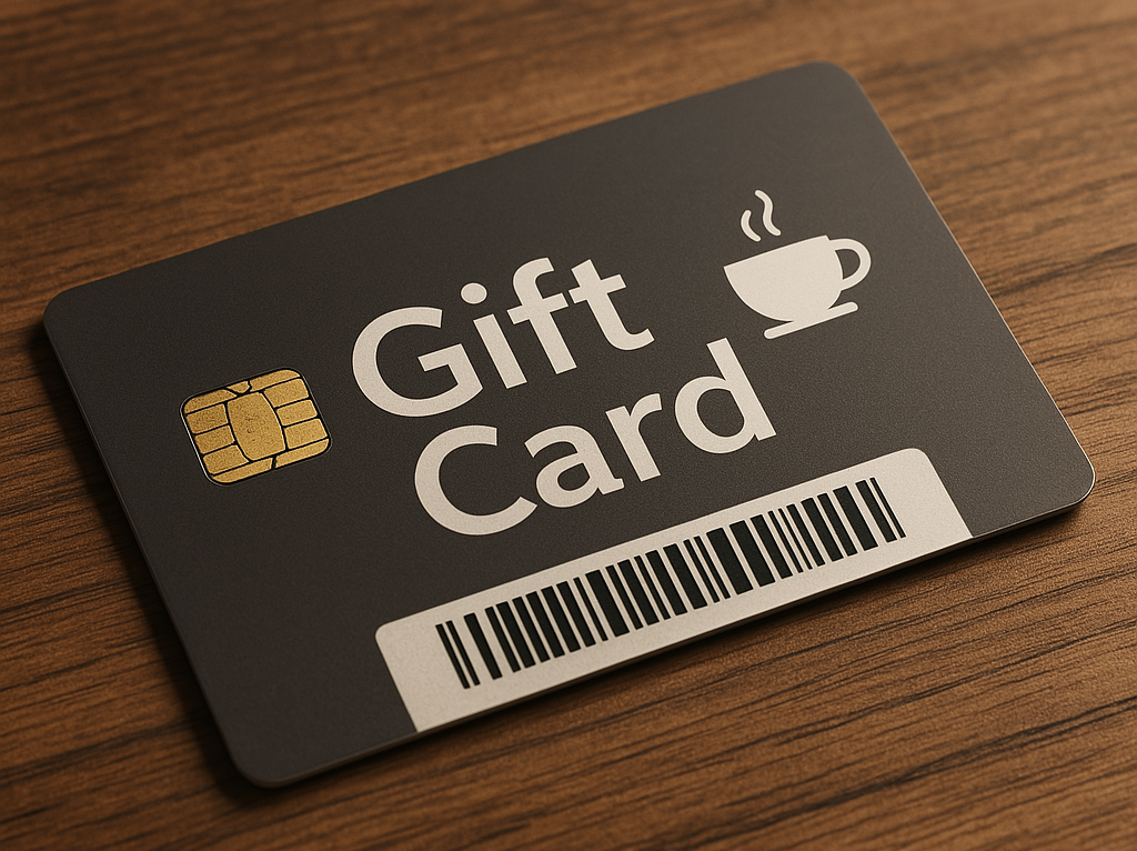 A realistic photo style image of a modern gift card placed on a wooden table
