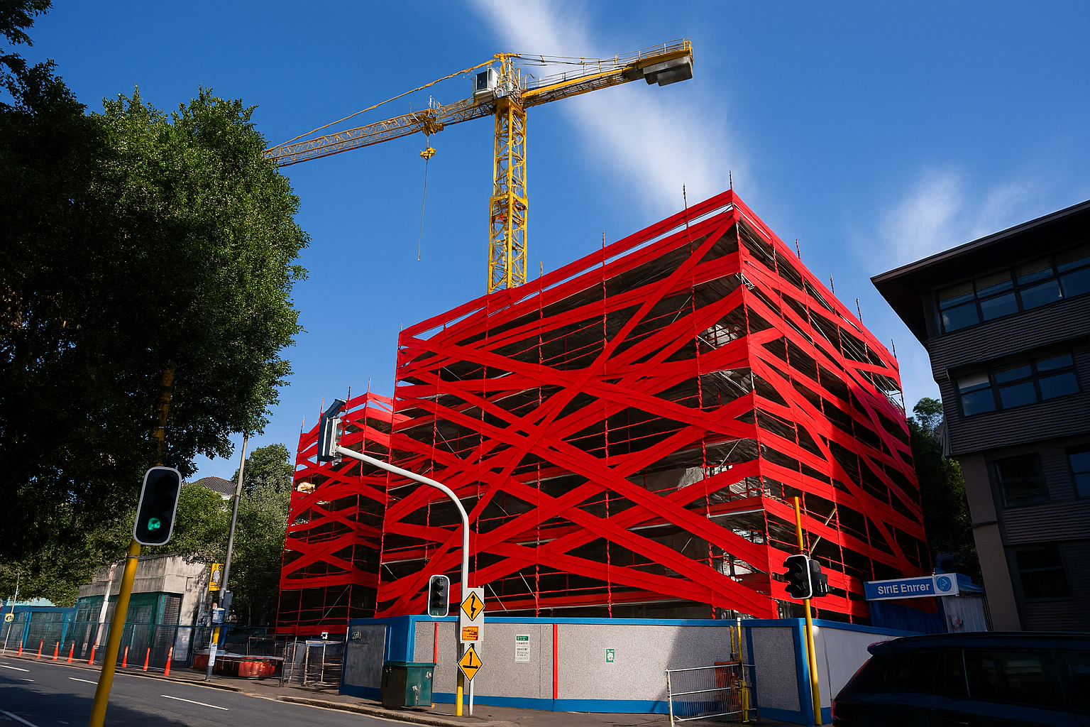 A building with scaffolding all wrapped in red tape