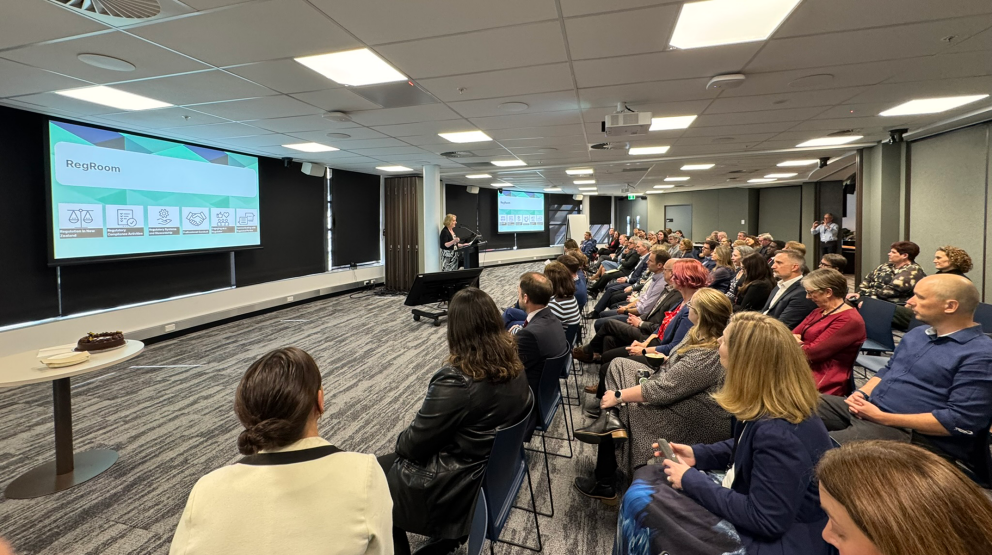 Grainne Moss presenting in front of a group of people