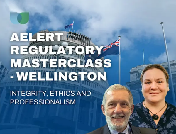 An image of two people superimposed against the Beehive advertising the AELERT Masterclass
