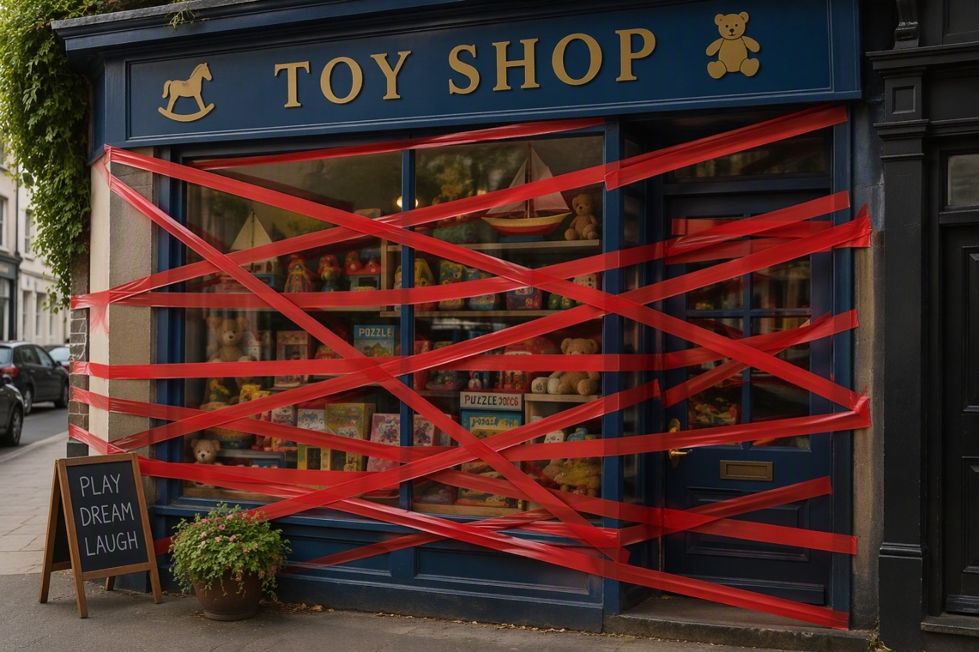 A toy shop covered in red tape