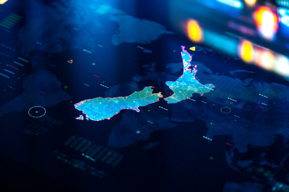 Digital style map of New Zealand on a blue digital screen